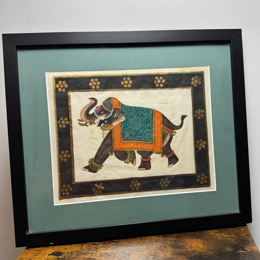 Asian Indian Royalty Jeweled Elephant Painting On Silk Satin Framed 80s
